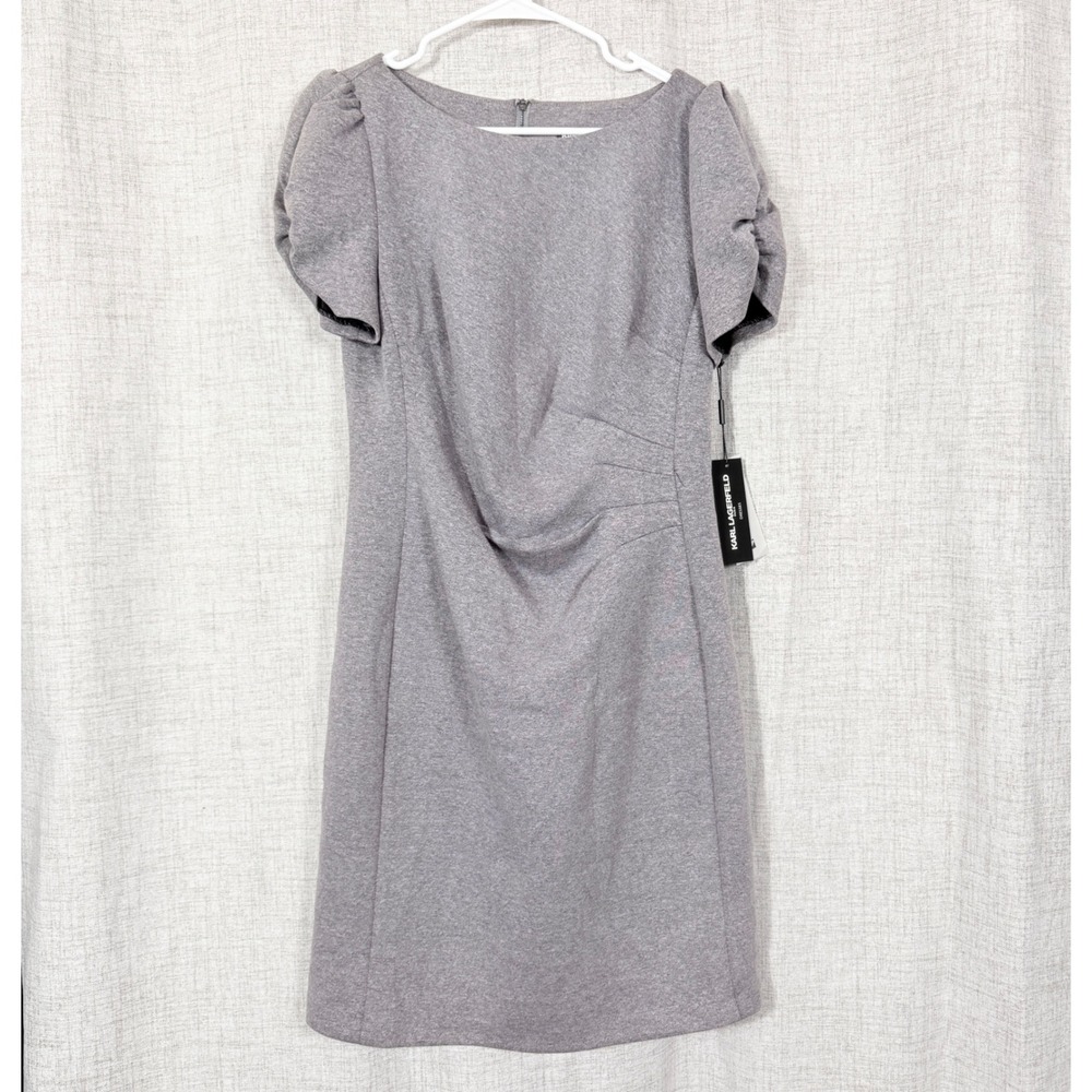 Karl Lagerfeld Paris Sheath Dress Sz 10 Grey Ruched Puff Sleeve Office Chic NWT
